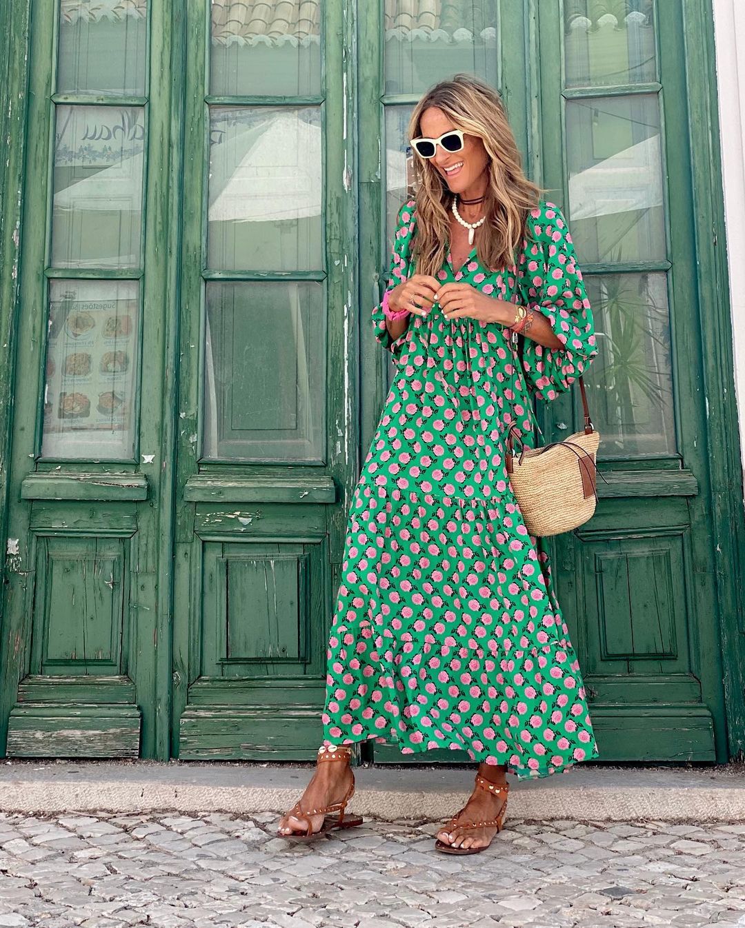 Printed V-Neck Flowing Maxi Dress