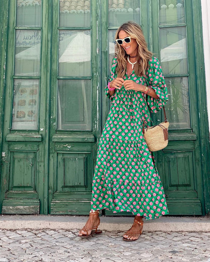 Printed V-Neck Flowing Maxi Dress