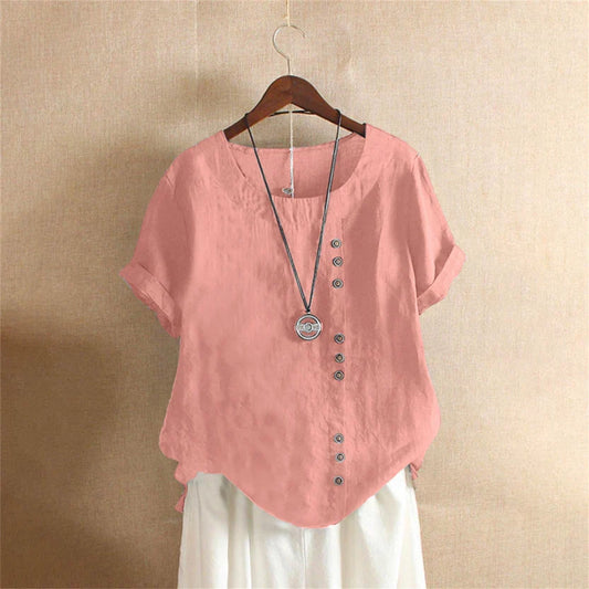 Short-Sleeve Linen Blouse with Decorative Buttons