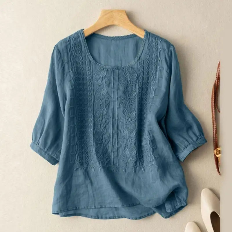 Embroidered Front Round-Neck Blouse