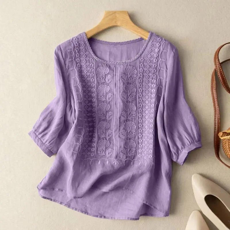 Embroidered Front Round-Neck Blouse