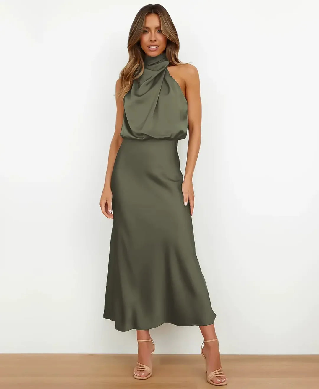 Silky Satin Halterneck Midi Dress