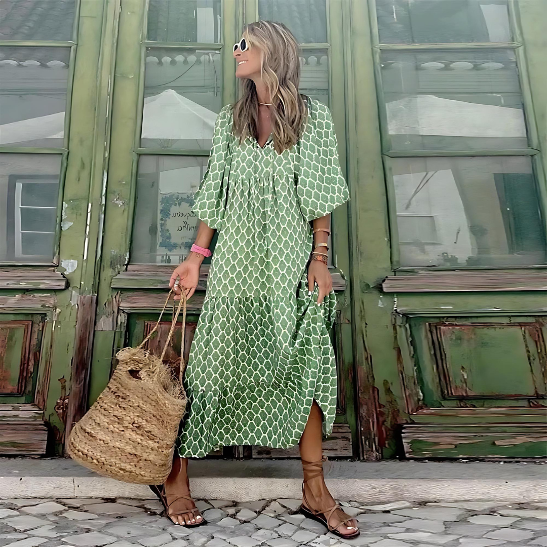 Printed V-Neck Flowing Maxi Dress