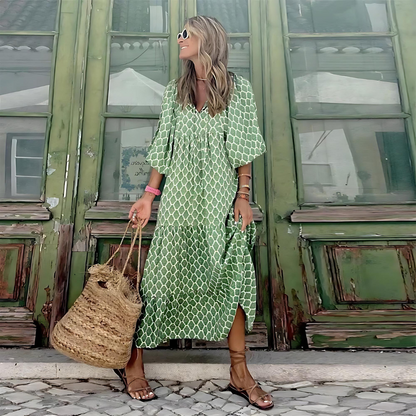 Printed V-Neck Flowing Maxi Dress