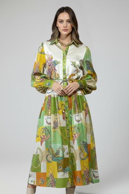 Women's Printed Long Sleeve V-Neck Maxi Dress