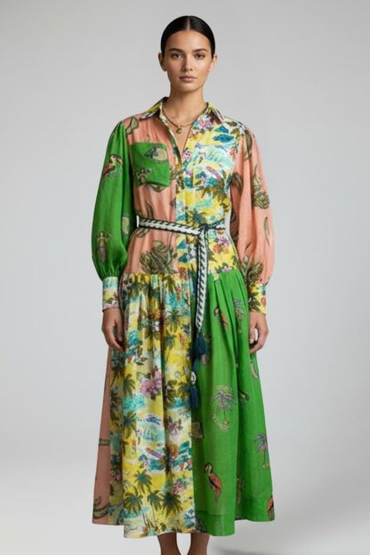 Women's Printed Long Sleeve V-Neck Maxi Dress