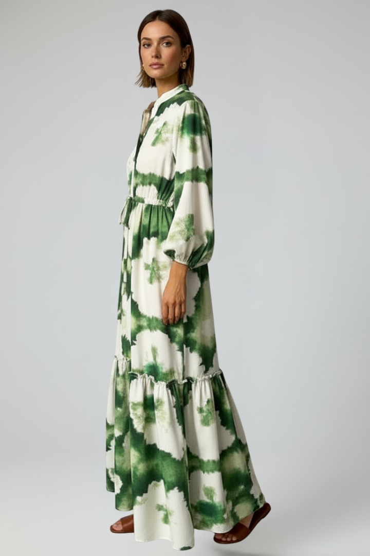 Women's Printed Long Sleeve V-Neck Maxi Dress
