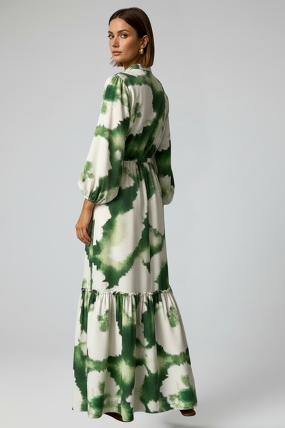 Women's Printed Long Sleeve V-Neck Maxi Dress