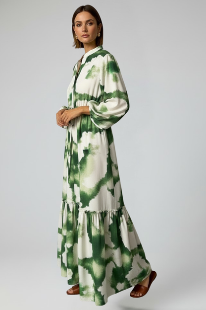 Women's Printed Long Sleeve V-Neck Maxi Dress