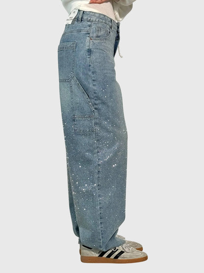 Rhinestone Detail Wide-Leg Jeans