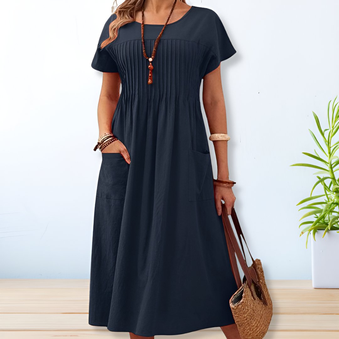 Pleated Waist Short Sleeve Midi Dress