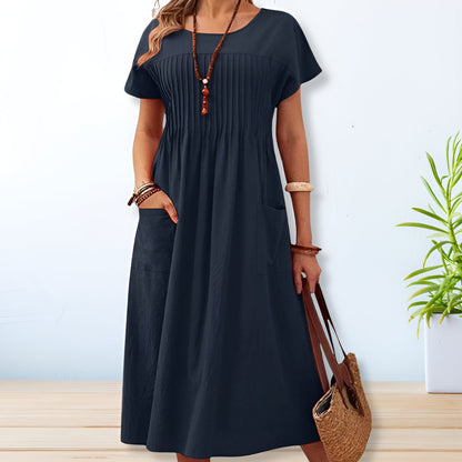 Pleated Waist Short Sleeve Midi Dress
