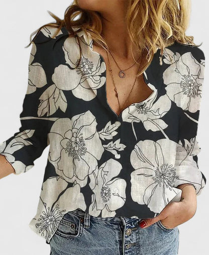 Linen-Blend Relaxed V-Neck Button-Front Top
