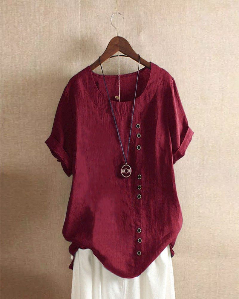 Short-Sleeve Linen Blouse with Decorative Buttons