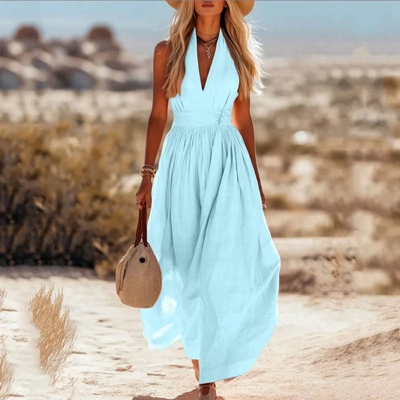Cotton-Linen Halterneck Maxi Dress