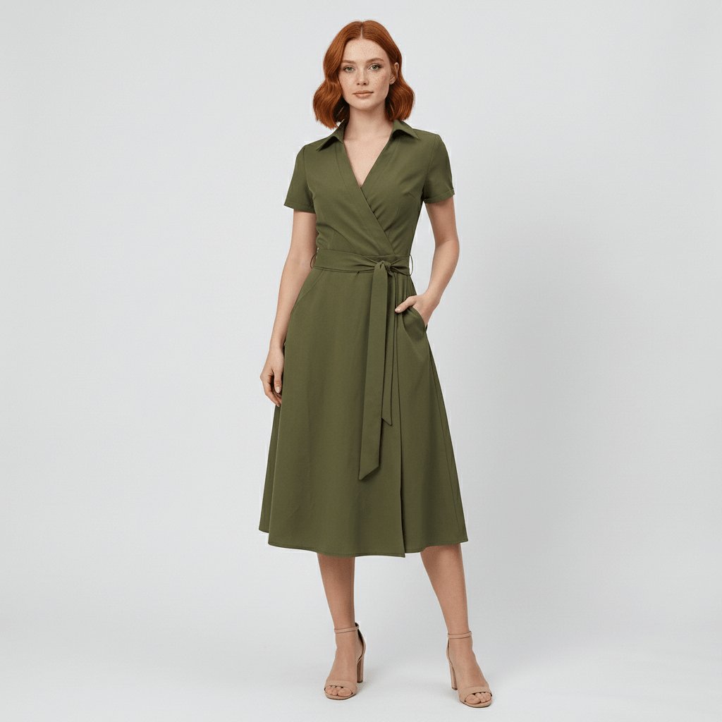 Tie-Waist Wrap Midi Dress with Pockets