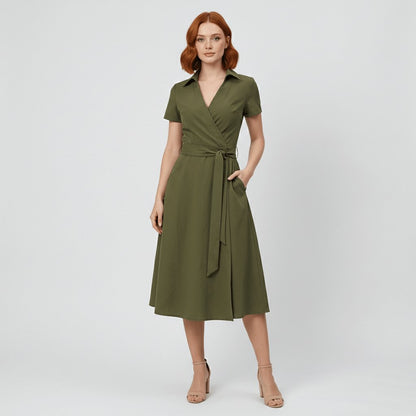 Tie-Waist Wrap Midi Dress with Pockets