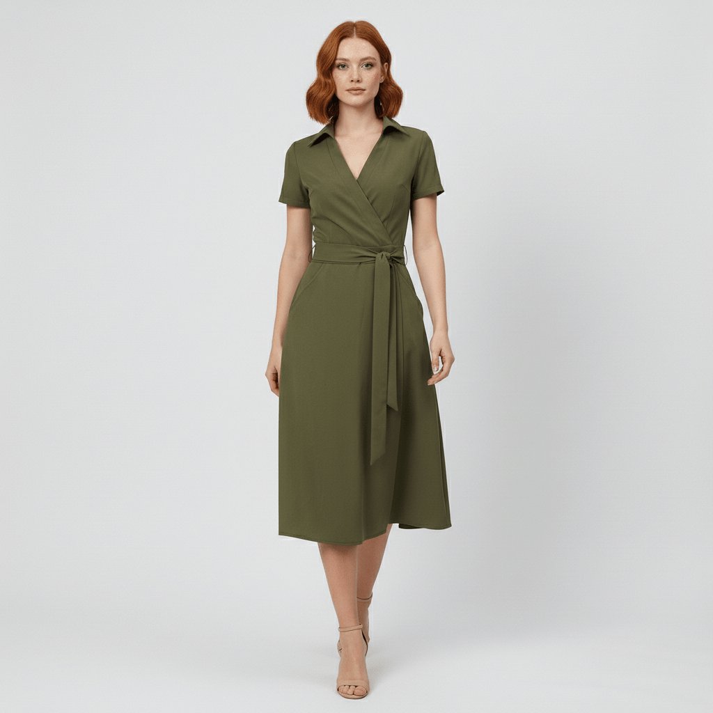 Tie-Waist Wrap Midi Dress with Pockets