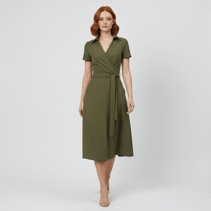 Tie-Waist Wrap Midi Dress with Pockets