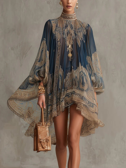 High-Neck Baroque Chiffon Dress with Asymmetric Hem