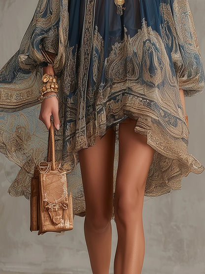 High-Neck Baroque Chiffon Dress with Asymmetric Hem