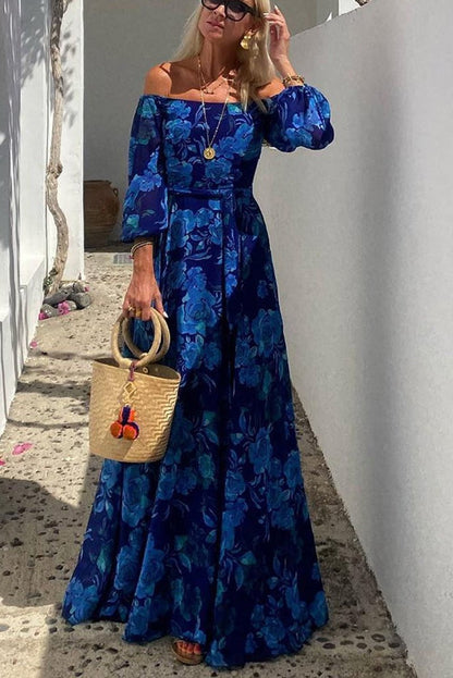 Off-Shoulder Floral Maxi Dress with Puff Sleeves