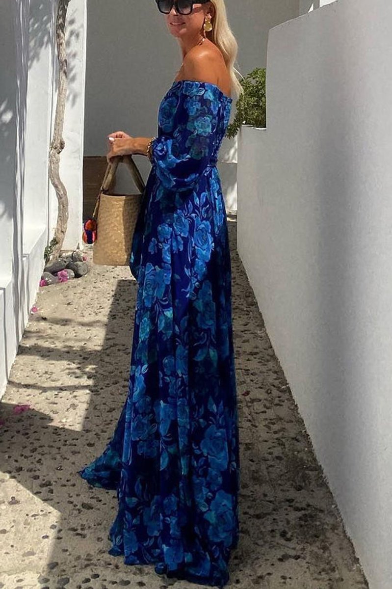 Off-Shoulder Floral Maxi Dress with Puff Sleeves