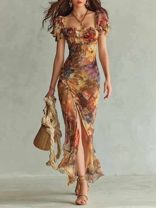 Floral Chiffon Sweetheart Maxi Dress with Side Split