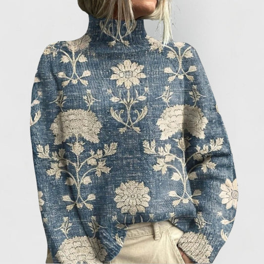 Botanical Print Relaxed Turtleneck Knit Jumper