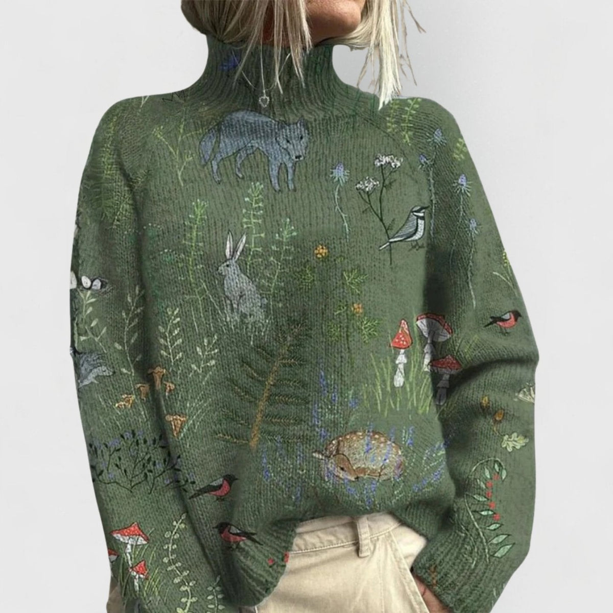 Botanical Print Relaxed Turtleneck Knit Jumper
