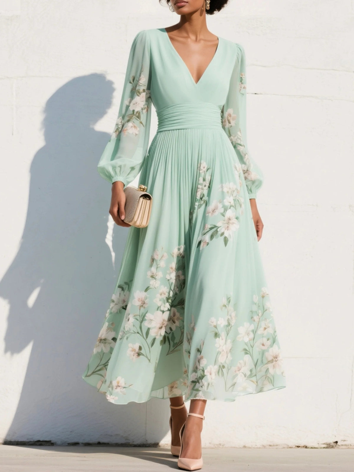 Pleated Botanical V-Neck Midi Dress with Balloon Sleeves