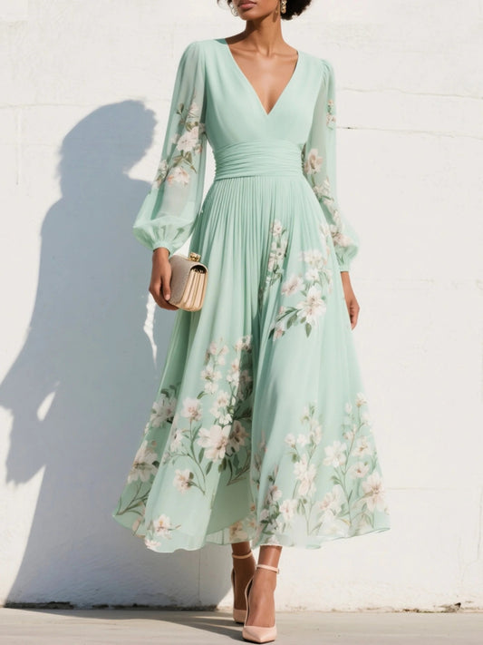 Pleated Botanical V-Neck Midi Dress with Balloon Sleeves