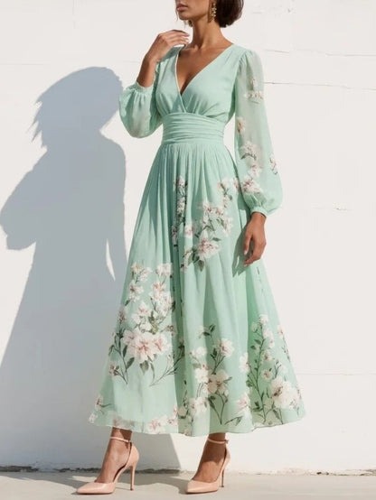 Pleated Botanical V-Neck Midi Dress with Balloon Sleeves
