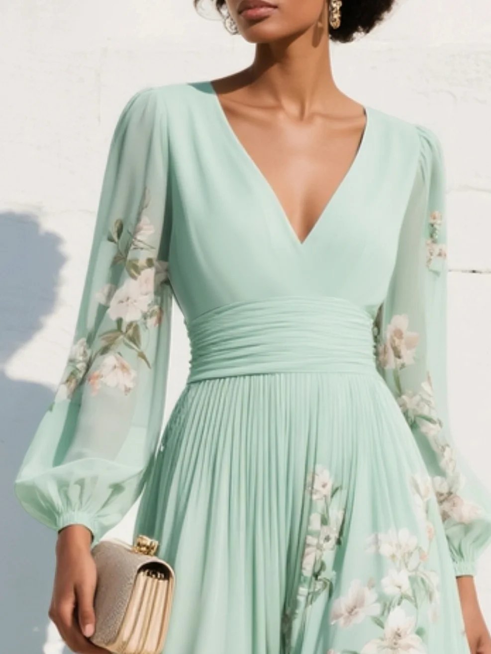 Pleated Botanical V-Neck Midi Dress with Balloon Sleeves