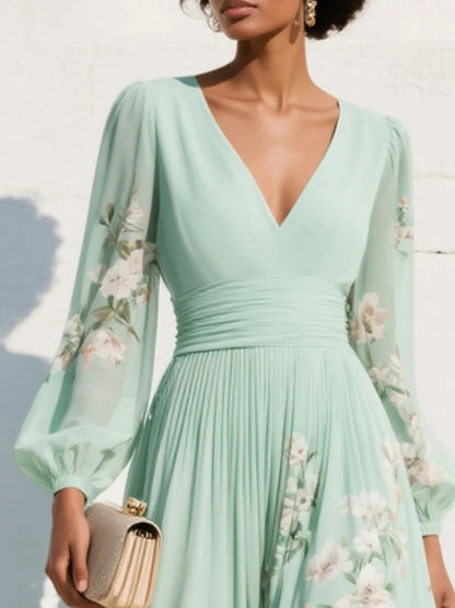Pleated Botanical V-Neck Midi Dress with Balloon Sleeves