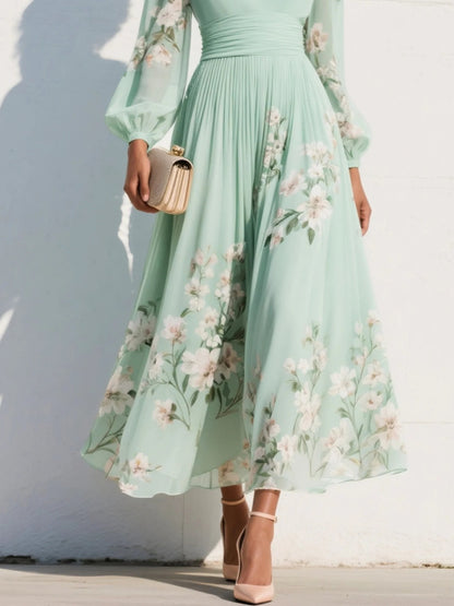 Pleated Botanical V-Neck Midi Dress with Balloon Sleeves