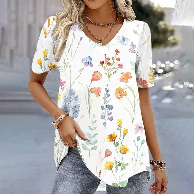 Short Sleeve V-Neck Botanical Blouse