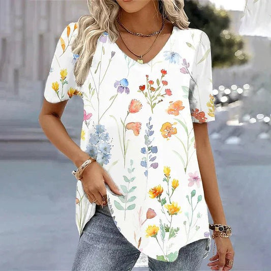 Short Sleeve V-Neck Botanical Blouse