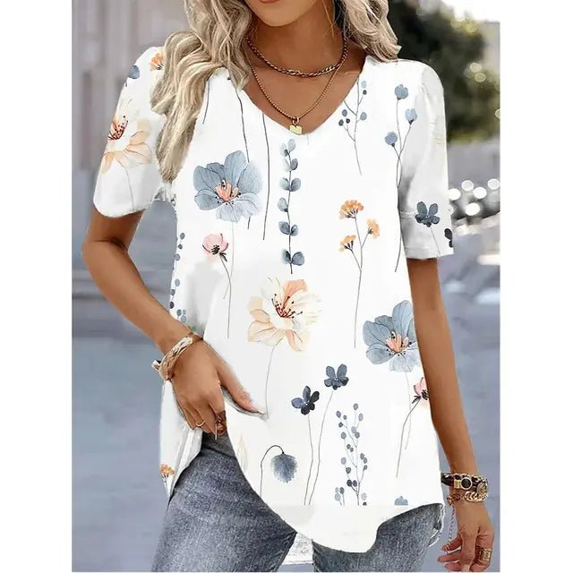 Short Sleeve V-Neck Botanical Blouse