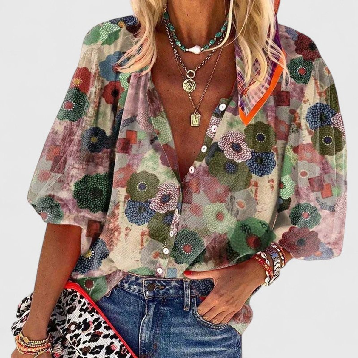 Relaxed V-Neck Floral Button-Through Blouse