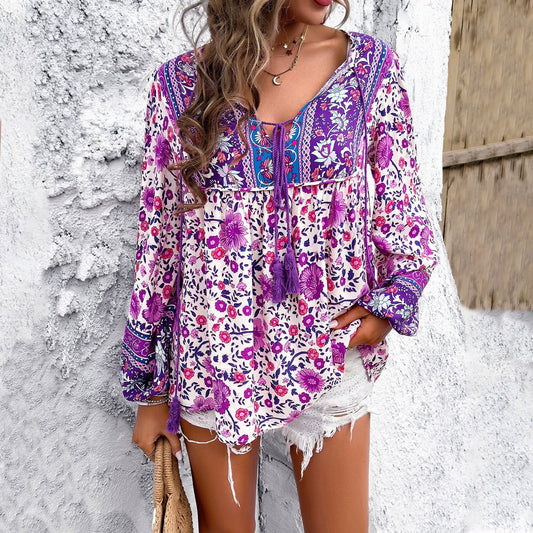 Floral Boho Tunic Blouse with Tassel Ties