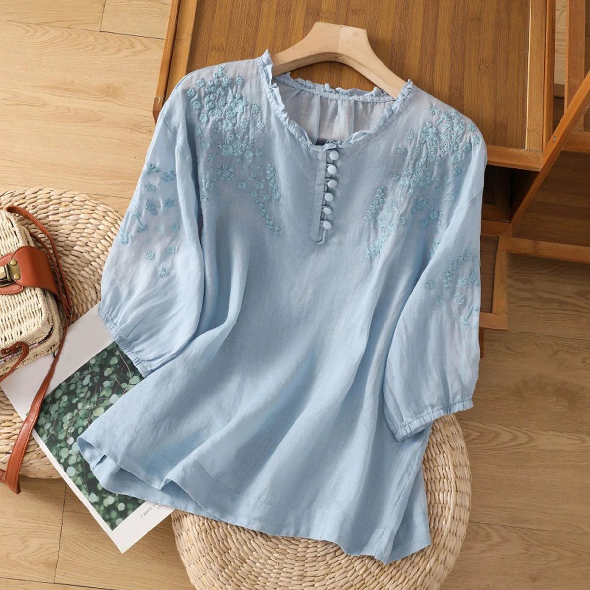Ruffle Collar Embroidered Linen-Blend Blouse