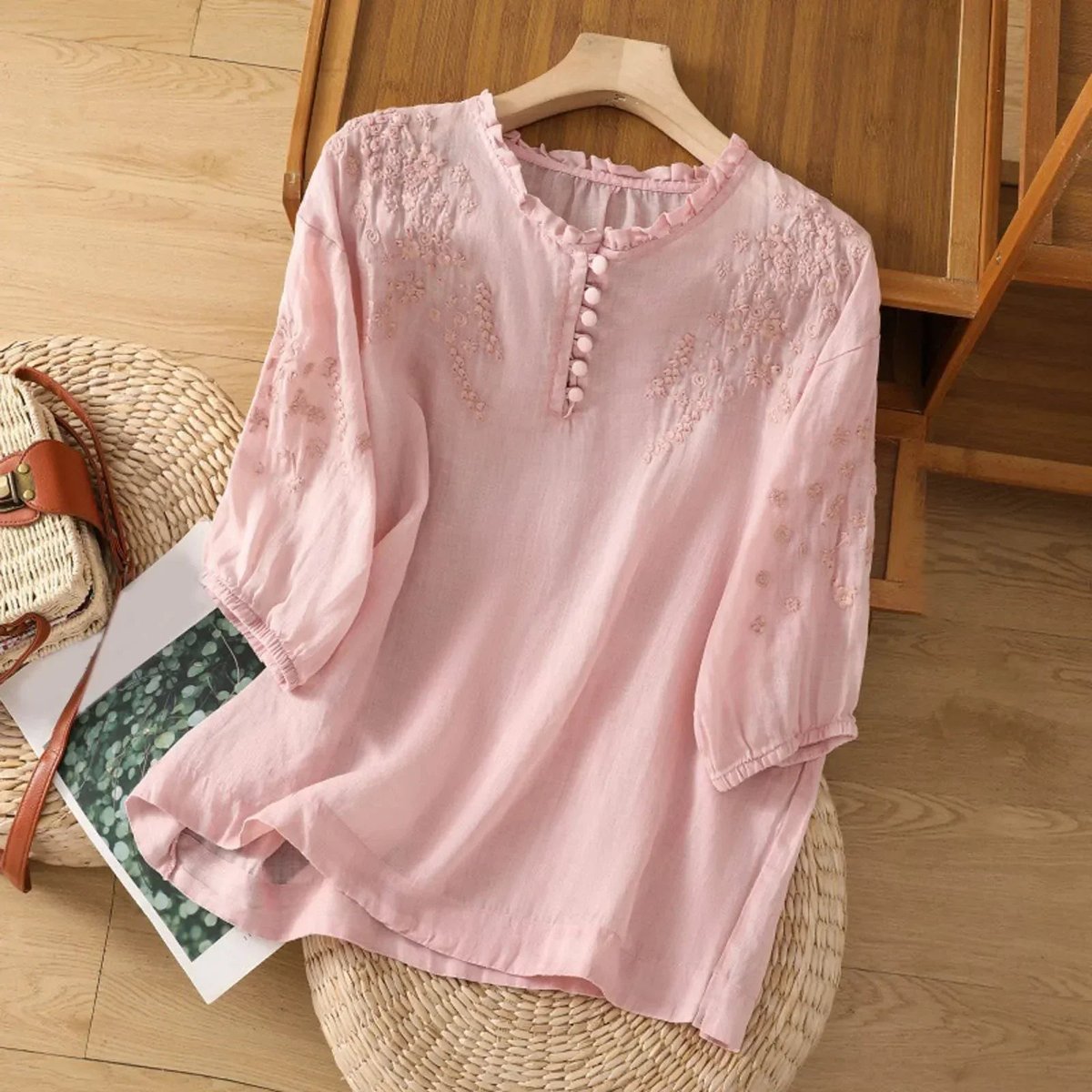 Ruffle Collar Embroidered Linen-Blend Blouse