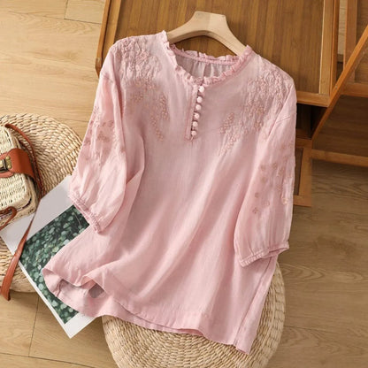 Ruffle Collar Embroidered Linen-Blend Blouse