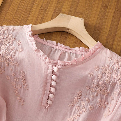 Ruffle Collar Embroidered Linen-Blend Blouse