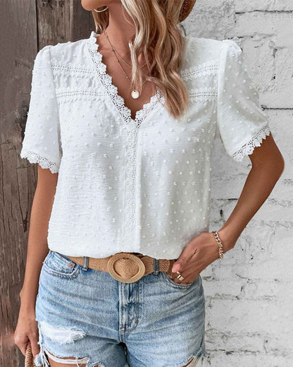 Lace-Trimmed Swiss Dot V-Neck Blouse