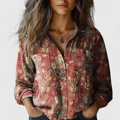 Bohemian Floral Print Long Sleeve Shirt with Revere Collar