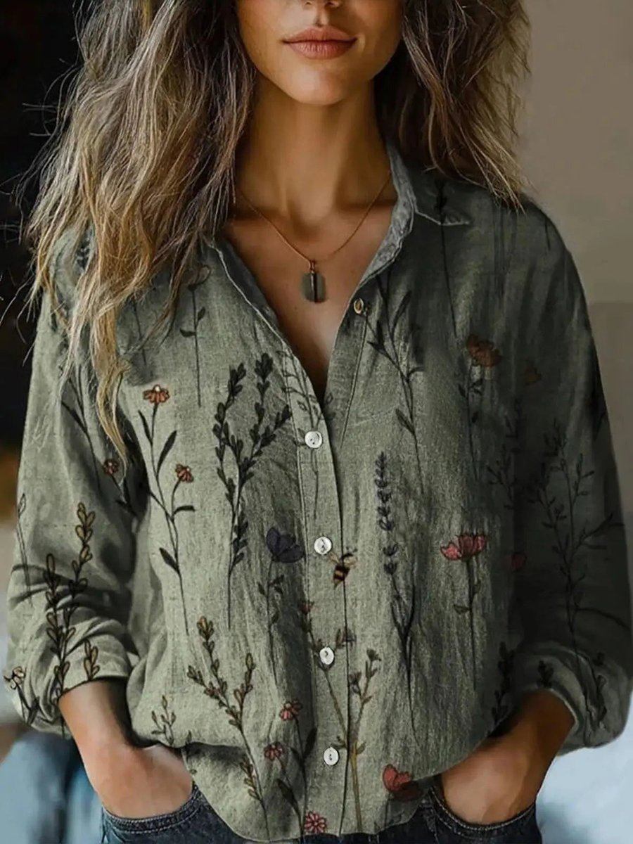 Bohemian Floral Print Long Sleeve Shirt with Revere Collar