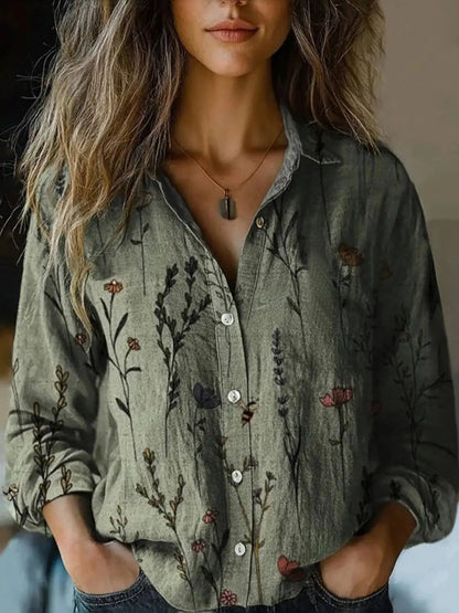 Bohemian Floral Print Long Sleeve Shirt with Revere Collar