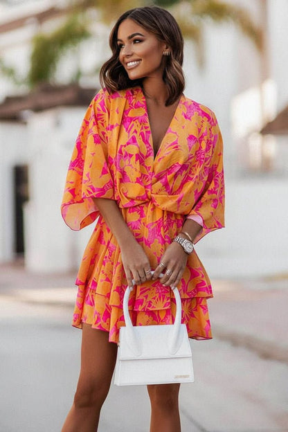 Tropical Twist-Front Boho Mini Dress